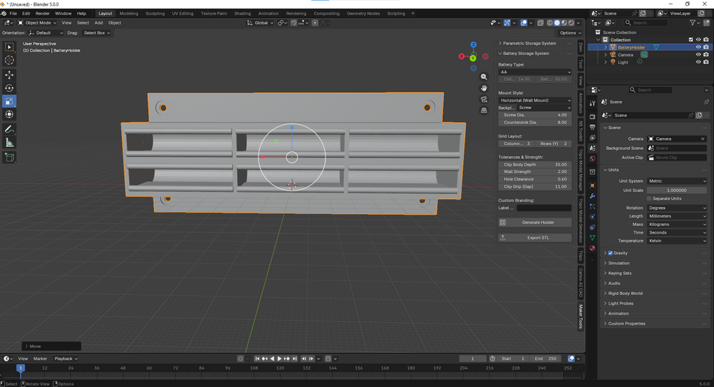 Parametric Battery Holder Generator (Blender Add-on)