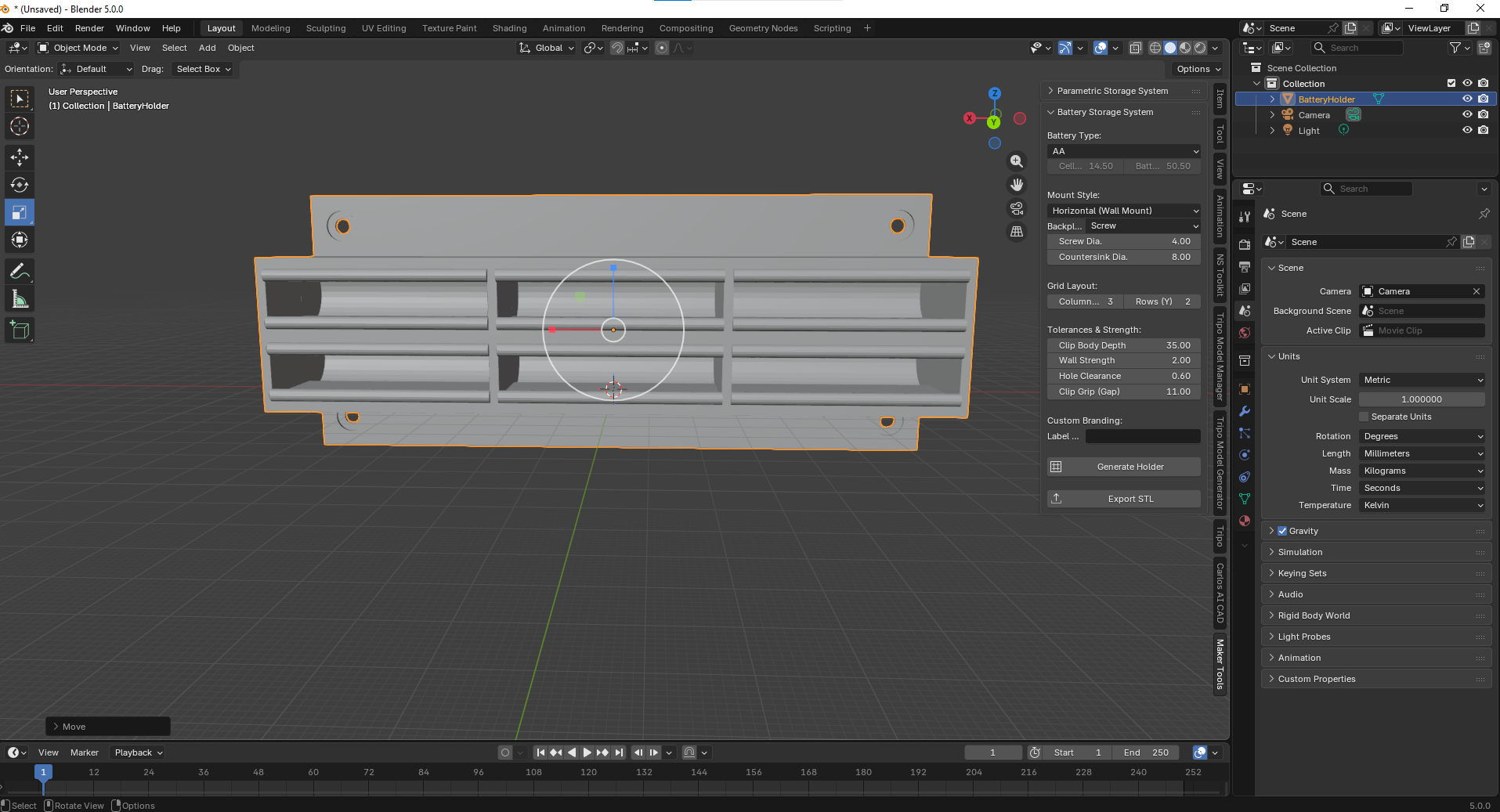 Parametric Battery Holder Generator (Blender Add-on)